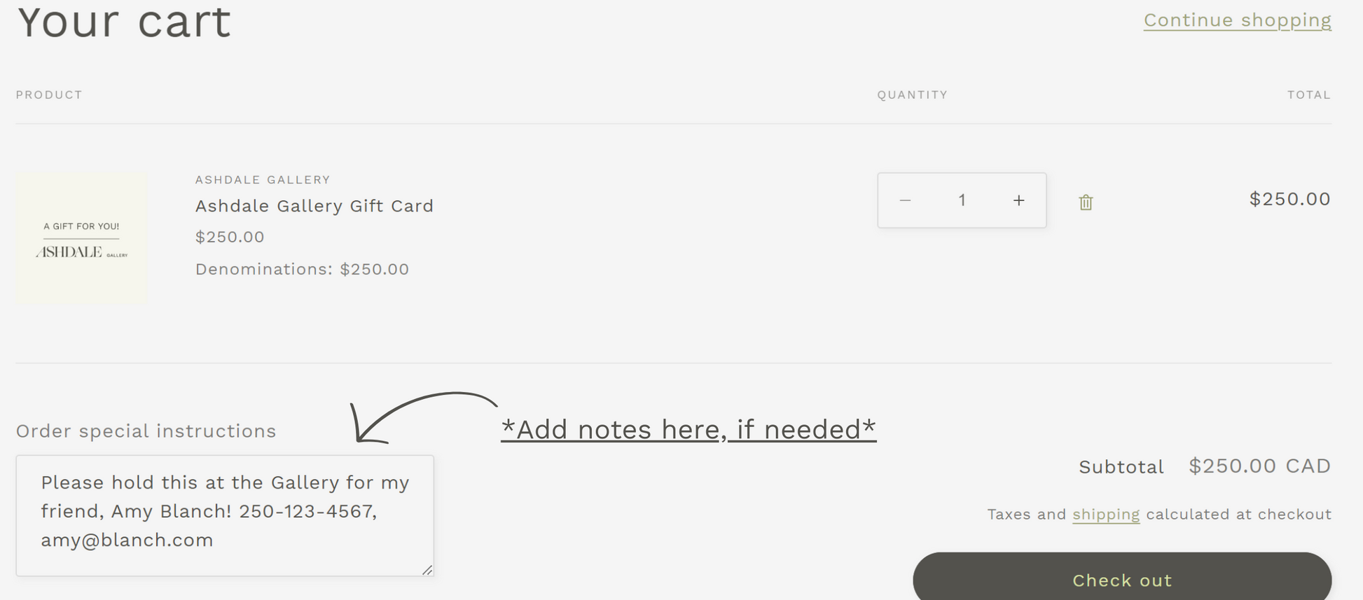Instructions on how to add a note to your gift card