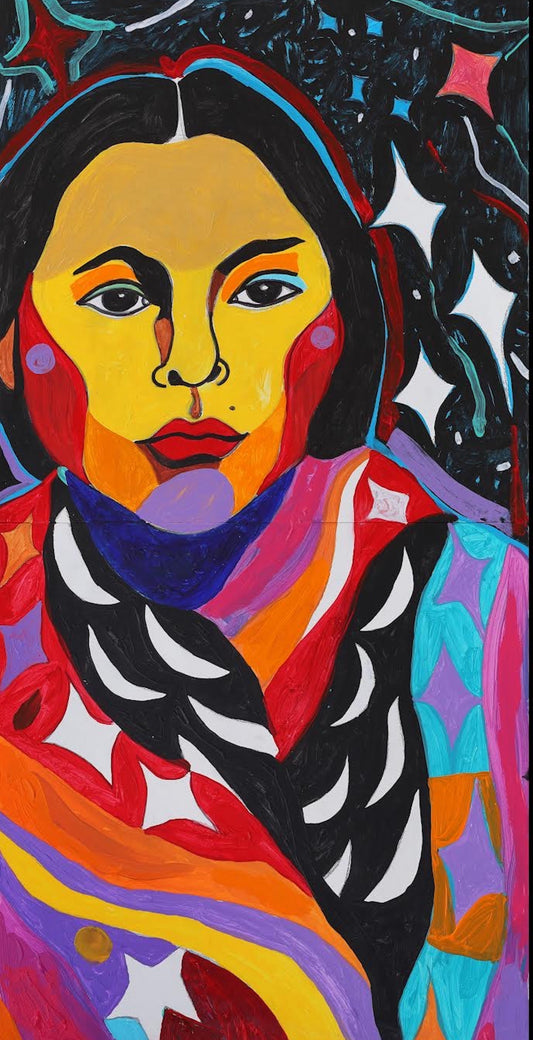 Earth Woman Surrounds herself with Sliver Moons & Glowing Stars original Canadian art by George Littlechild