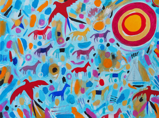 A Warrior takes his last ride & heads towards the light, 2020 original Canadian art by George Littlechild