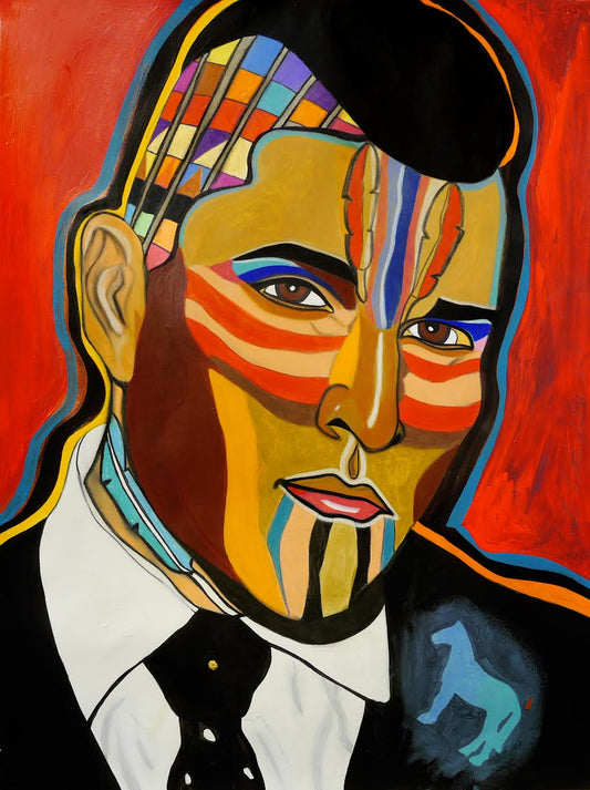 Modern Warrior Impacts the Sacred & meshes modern Technology into his existence original Canadian art by George Littlechild