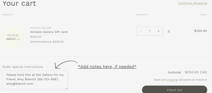 Instructions on how to add a note to your gift card