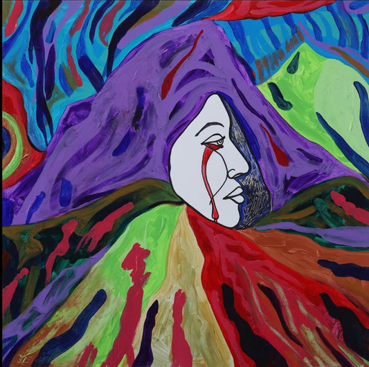 Mother Earth in Pain, Volcanoes Erupt original Canadian art by George Littlechild
