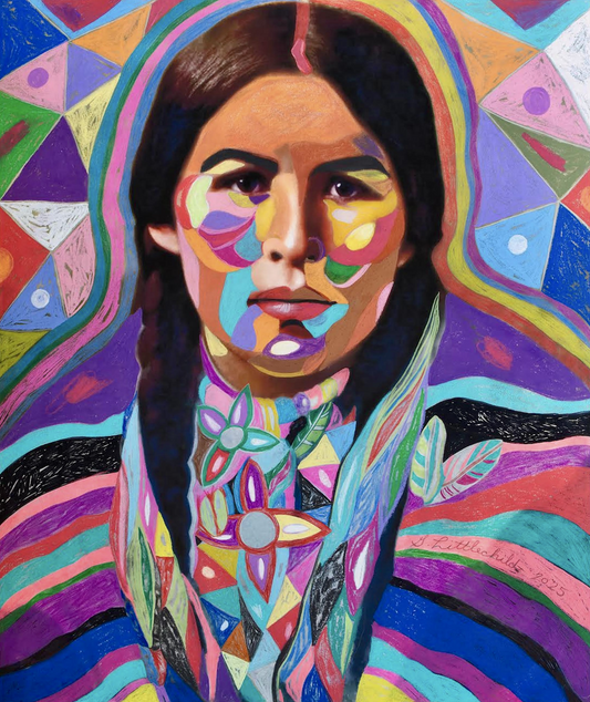 Nancy [Bull] Twins, surrounded by celestials, mountains & a warm blanket original Canadian art by George Littlechild