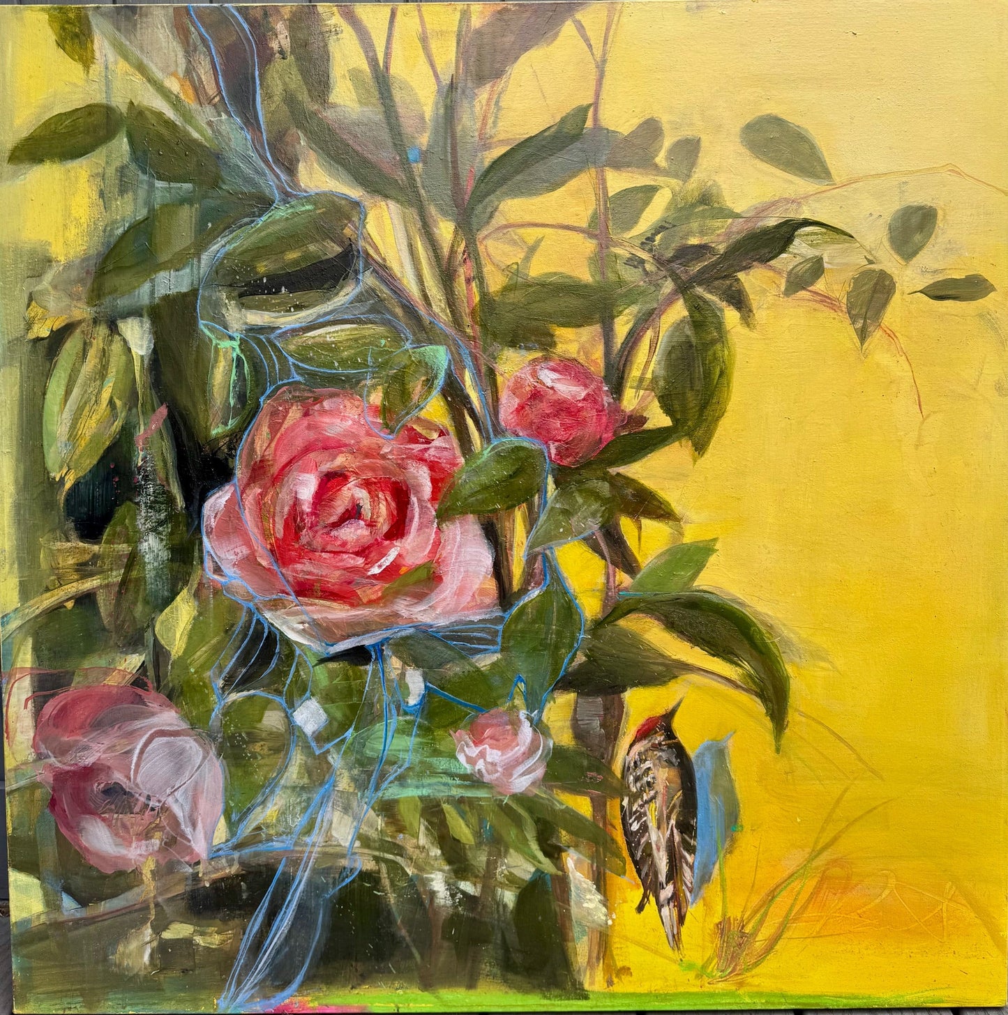 Rose and Woodpecker original Canadian art by Madeleine Lamont