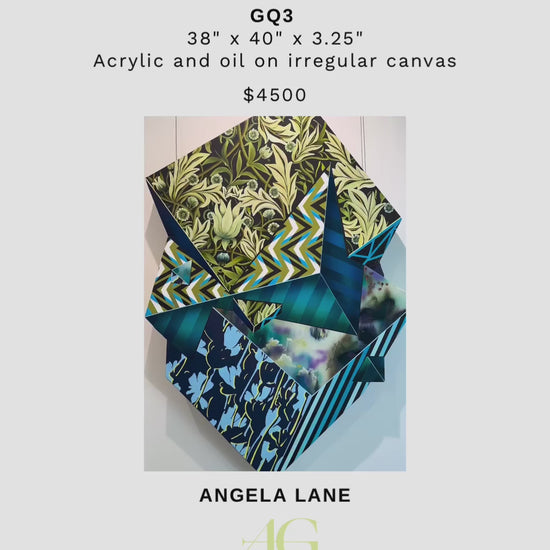 GQ3, Angela Lane 2024, 38" x 40" x 3.25"
Geometric, irregular shaped oil and acrylic on Canvas, Canadian female abstract artist