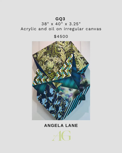 GQ3, Angela Lane 2024, 38" x 40" x 3.25"
Geometric, irregular shaped oil and acrylic on Canvas, Canadian female abstract artist